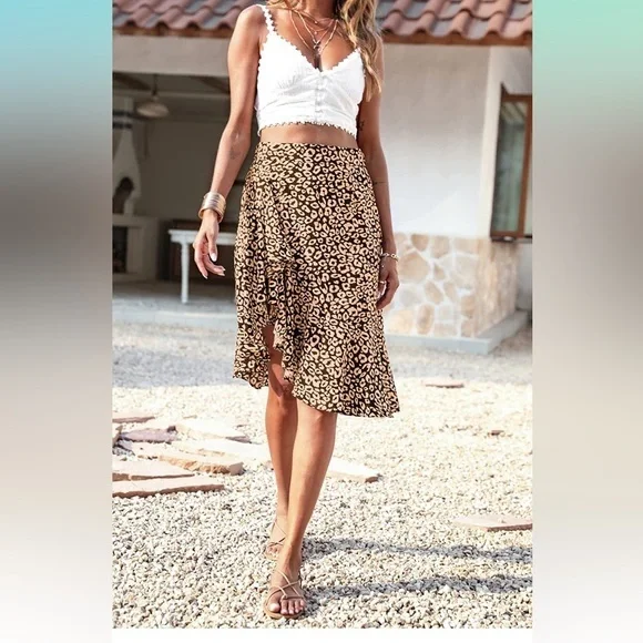 PRETTYGARDEN Women's Chiffon Leopard High Waist Ruffle Asymmetrical Midi Skirt - Picture 1 of 3